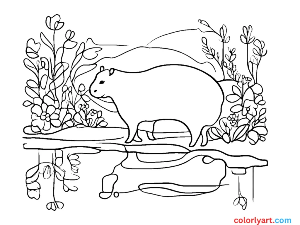 Color a curious capybara by the river.