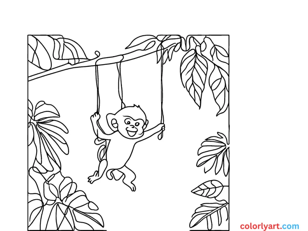 Paint a playful monkey swinging on vines.