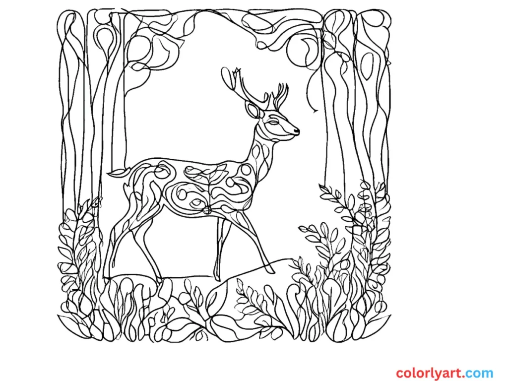 Shade a prancing deer in forest greens.